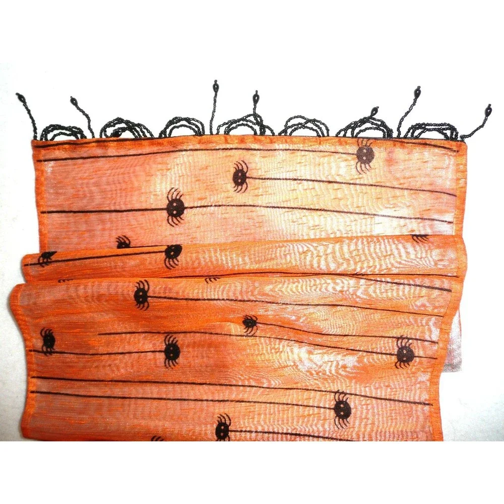 Pier 1 Imports Halloween Table Runner Orange Organza Flocked Spiders & Beads 72